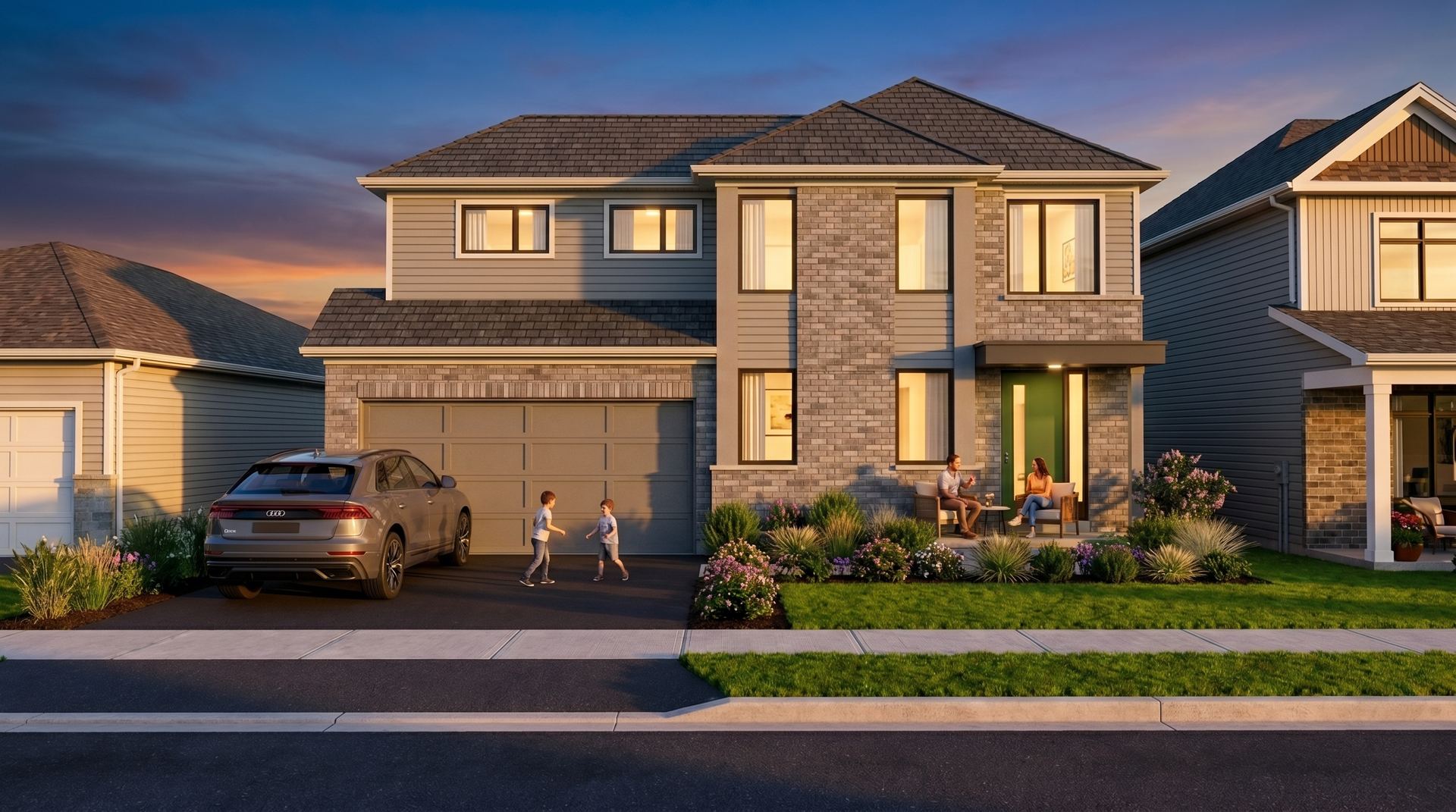 The Warbler — brick and siding two-storey at blue hour with boys on driveway, parents on porch